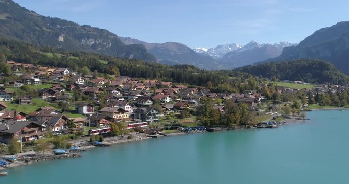 Train leaving Brienz - Aerial shot