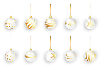 White christmas balls on white isolated. Set of isolated realistic decorations. Christmas tree toy. Vector object for christmas design, mockup. Stocking Christmas decorations.