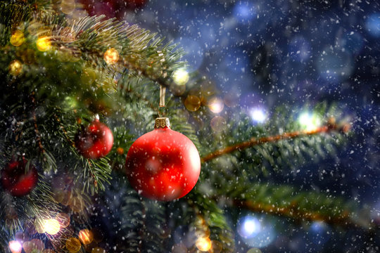 Decoration of christmas tree and free space for your text. Winter background 