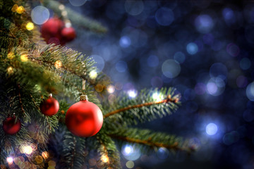 Fototapeta na wymiar Decoration of christmas tree and free space for your text. Winter background 