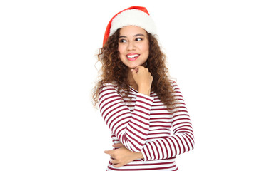 Beautiful american woman in santa hat isolated on white background