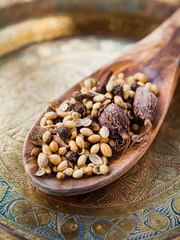 Indian Garam Masala -  whole spices, macro on wooden spoon.