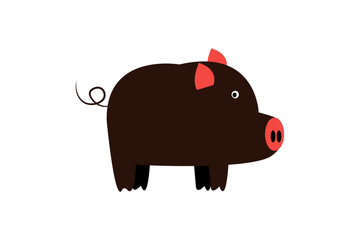 Boar on white background. Wild cartoon pig with pink piglet