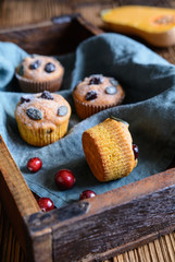 Homemade sweet pumpkin muffins with dried cranberries and seeds, sprinkled with powdered sugar