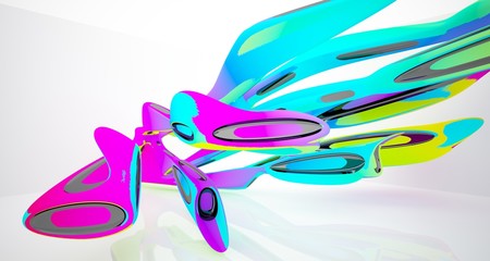 Abstract smooth architectural white interior with color gradient and black  with large windows. 3D illustration and rendering.