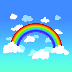 Bright rainbow with smooth transitions of color among the clouds in the blue sky. Simple flat vector illustration. Blue gradient background.
