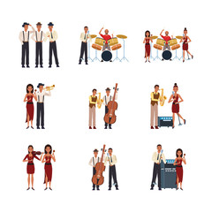 Set of jazz music band singers and musicians