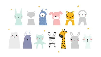 Stickers pour porte Zoo Ensemble d& 39 animaux sauvages drôles. Jolie collection d& 39 affiches imprimées ou d& 39 autocollants. Enfants vector illustration dessinée à la main.