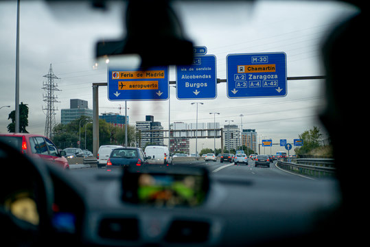 Traffic jam on M30 road in Madrid Spain.