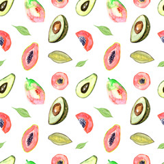 Tropical pattern, exotic seamless pattern with papaya and avocado on white background.Watercolor painting, hand drawn summer illustration.