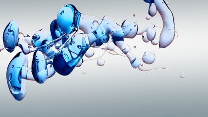 transparent blue oil bubbles and fluid shapes in purified water on a white gradient background. Side angle with crystal colored bubbles in purified cosmetic backdrop with copy space for science and ad
