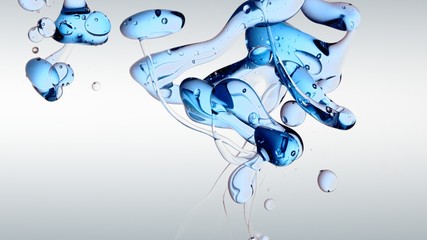 transparent blue oil bubbles and fluid shapes in purified water on a white gradient background....