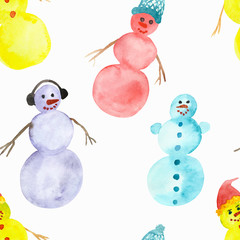 Watercolor hand painted winter holiday fun seamless pattern with white, red, yellow and blue snowmen with orange and blue hat isolated on the white background for textile and design elements