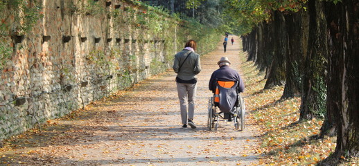 Accompagnatrice con disabile nel parco in autunno