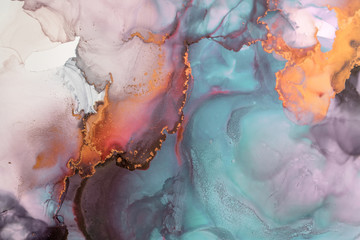 Part of original alcohol ink painting. Modern art. Abstract colorful background, wallpaper. Marble texture. Fluid Art for modern banners, ethereal graphic design.