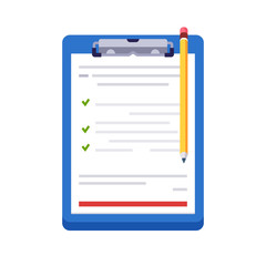 Clipboard with checklist. Vector flat illustration