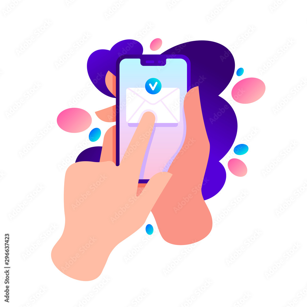 Poster hand holding phone with message envelope. finger touch screen. sending message concept. vector flat 