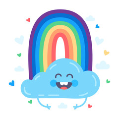 Vector illustration with cute cloud, rainbow and hearts. Lovely cute cloud in the sky having fun and smiling. Vector flat illustration