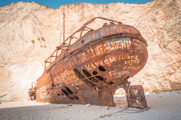 Close up of Ship Wreck beach at the Navagio beach. The most famous natural landmark of Zakynthos,...