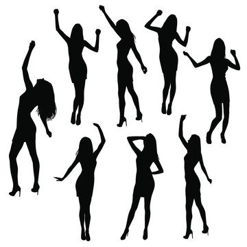 Set of women standing and dancing  in various poses,  hands up,  group business  people, vector silhouette,  black color, isolated on white background