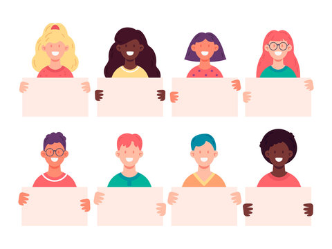 Smiling young people holding empty banners. Vector illustration of group of male and female characters demonstrating empty placards. Vector illustration in flat style