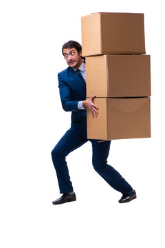 Young male employee with boxes isolated on white