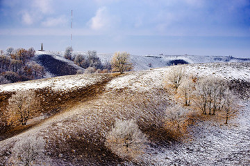 winter rural landscape with frozen trees in winter