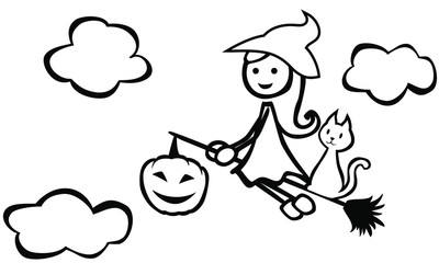 Halloween_coloring page_witch_broom_pumpkin_cat_sky_clouds__by jziprian