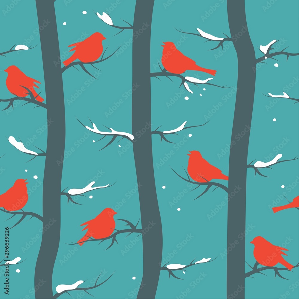 Poster vector seamless repeating pattern with birds and trees