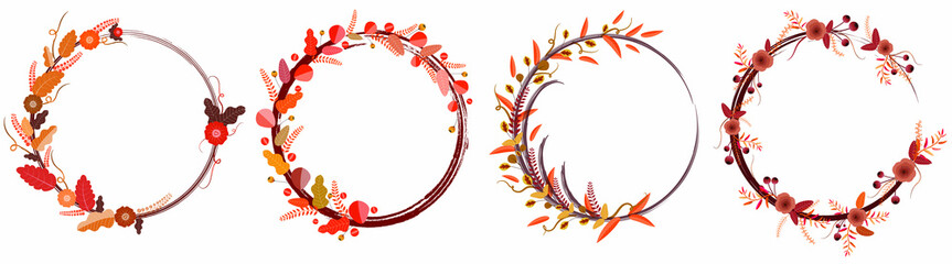 Wreath  autumn with flowers vectors.  Set Ornaments Autumn of leaves. Illustrations wreath. Vector floral-  Happy Autumn Festival. Wreath of flowers.