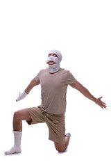 Man after car accident isolated on white