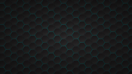 Abstract dark background of black hexagon tiles with light blue gaps between them