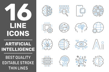Artificial Intelligence, vector Line Icons Set. Editable Stroke. EPS 10