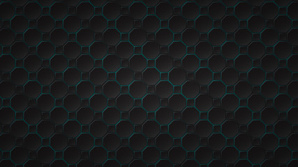 Abstract dark background of black octagon and square tiles with light blue gaps between them