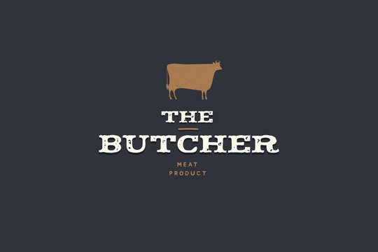 Butcher logo with silhouette of cow. Template of emblem of Meat Shop on dark background. Vector image.