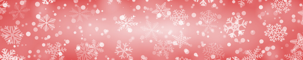Christmas horizontal banner of snowflakes of different shapes, sizes and transparency in red colors