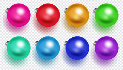 Set of multicolored Christmas balls with soft shadows, isolated on transparent background