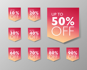 50% off fall seasonal sale tags. Set of 10% through 90% off autumn labels for sale promotional marketing.