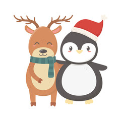reindeer and penguin with hat celebration merry christmas