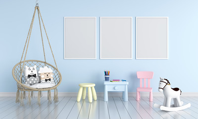 Three blank photo frame for mockup in child room, 3D rendering