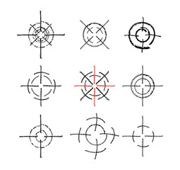 Set crosshairs coal, chalk. Hand drawing with a brush. silhouette, grunge. Target, aim. Vector elements on isolated background.