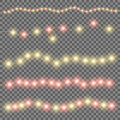 Christmas lights, red, yellow, ribbon. Set of gold luminous garlands, birthday, celebration, anniversary. Vector objects on transparent background.