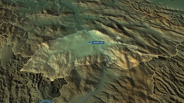 Jablanički - district of Serbia with its capital zoomed on the physical map of the globe. Animation 3D