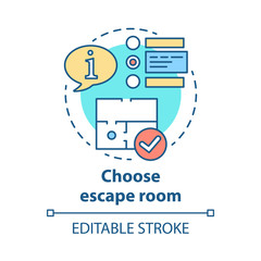 Choose escape room concept icon. Select quest type idea thin line illustration. Choice of strategy game. Comparing information and making decision. Vector isolated outline drawing. Editable stroke