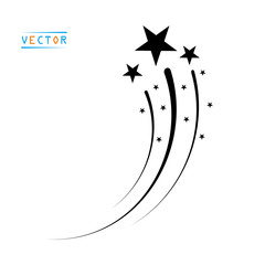 Silhouette of a flying star, comet with tail and Stardust or fireworks. Vector illustration on isolated light background.