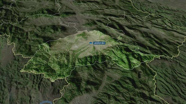 Jablanički - district of Serbia with its capital zoomed on the satellite map of the globe. Animation 3D