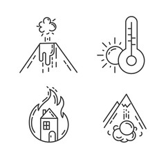 Natural disaster linear icons set. Volcanic eruption, weather forecast, fire, avalanche. Insurance case. Thin line contour symbols. Isolated vector outline illustrations. Editable stroke