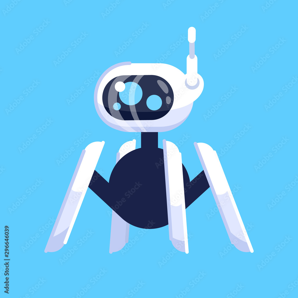 Poster robot spider flat vector illustration. droid with camera on remote control. machine robotic technolo