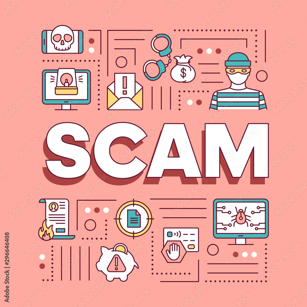 Poster scam word concepts banner. illegal actions presentation, website. fraud types. internet crime. bugs 