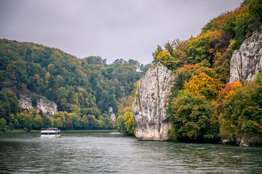 Bright autumn. Yellow and orange trees. Kelheim, Danube river, Germany autumn